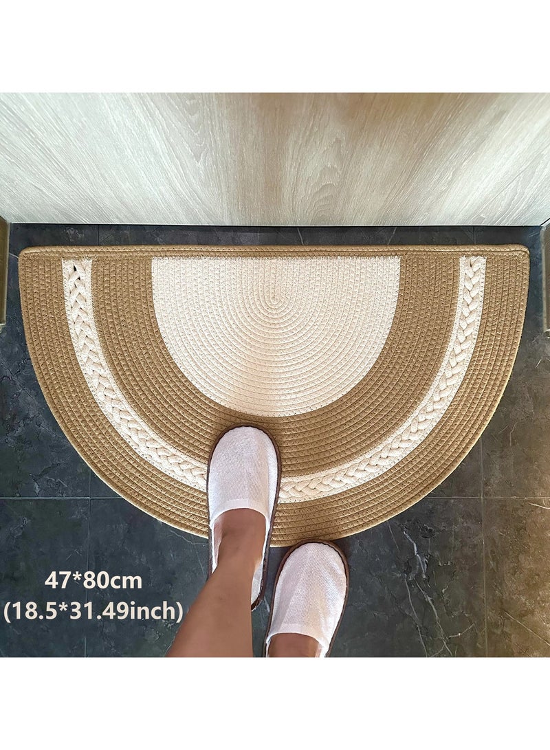 LAZY H CORNER Bohemian Half-Circle Linen Outdoor Door Mats - Washable 80 cm 90 cm Soft & Comfortable in Beige Tone Patchwork for Entryway Home Entrance - Image 2